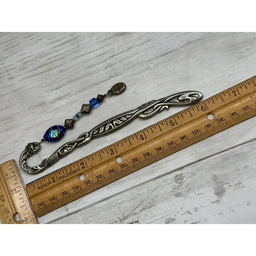 Silver Tone Celtic Scroll Shepherd Hook Bookmark Blue Glass Bead Inspire Charm